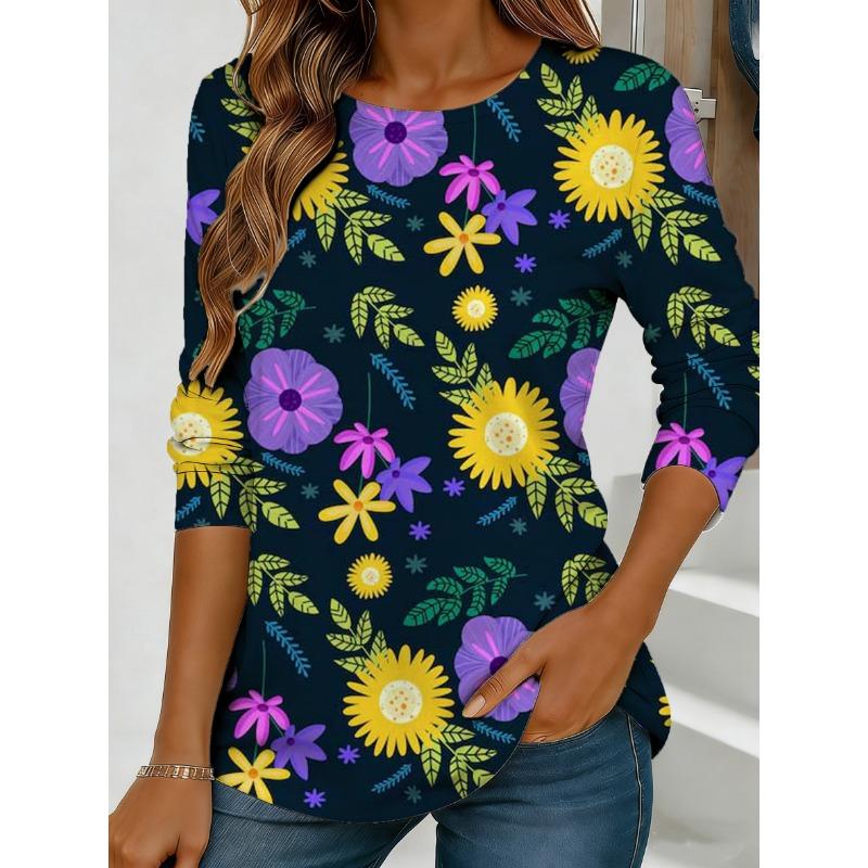 Women's purple floral print long-sleeved loose-fitting round neck top, casual everyday style with an elegant design.