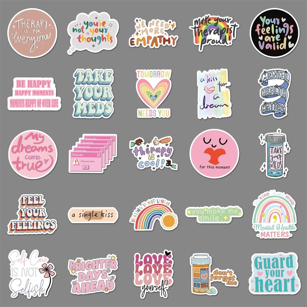 50 Mental Health Doodle Stickers - Inspirational English Slogans for Personalizing Laptops, Phones, and Cases