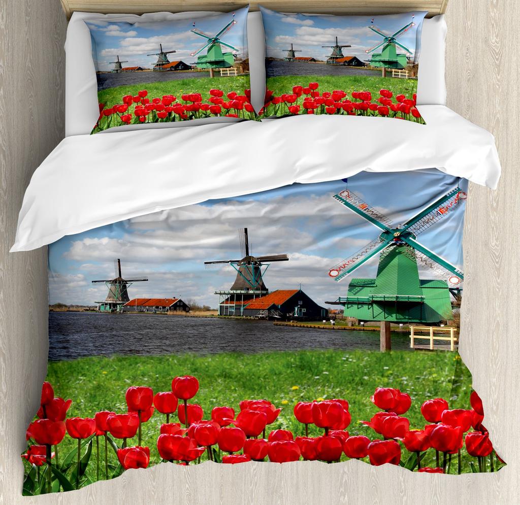 Windmill Duvet Cover Set Farmhouse Style 2/3pcs Bedding Set, Queen/King/Full/Twin Microfiber Quilt Cover for Girls Boys Bedroom