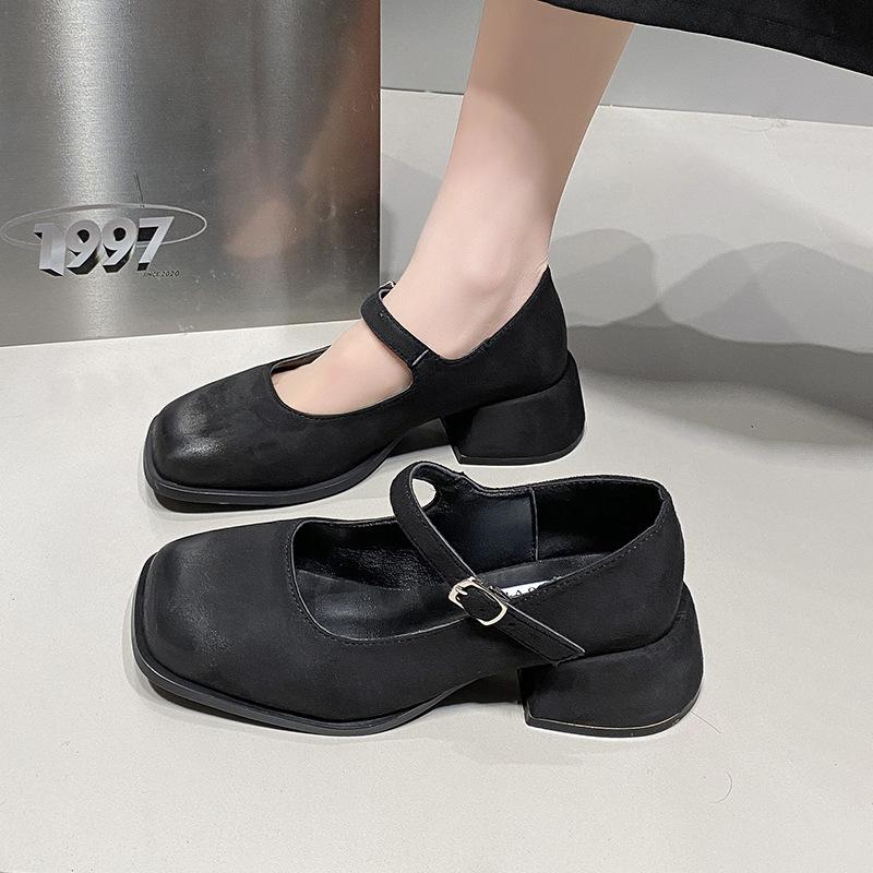 Mary Jane Shoes Women's Autumn and Winter 2024 New French One-word Buckle High Heels Square Head Light Mouth Thick Heel Versatile Single Shoes
