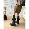 Cowhide version~ Retro long boots women's thick heel belt buckle high black boots versatile leather pleated trouser tube boots