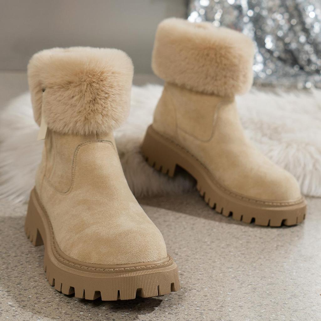 Autumn Winter Short Tube Suede Snow Martin Boots For Women Cross-Border Large Size Zipper Fur Plush Thick Cotton Boots Shoes 36-42