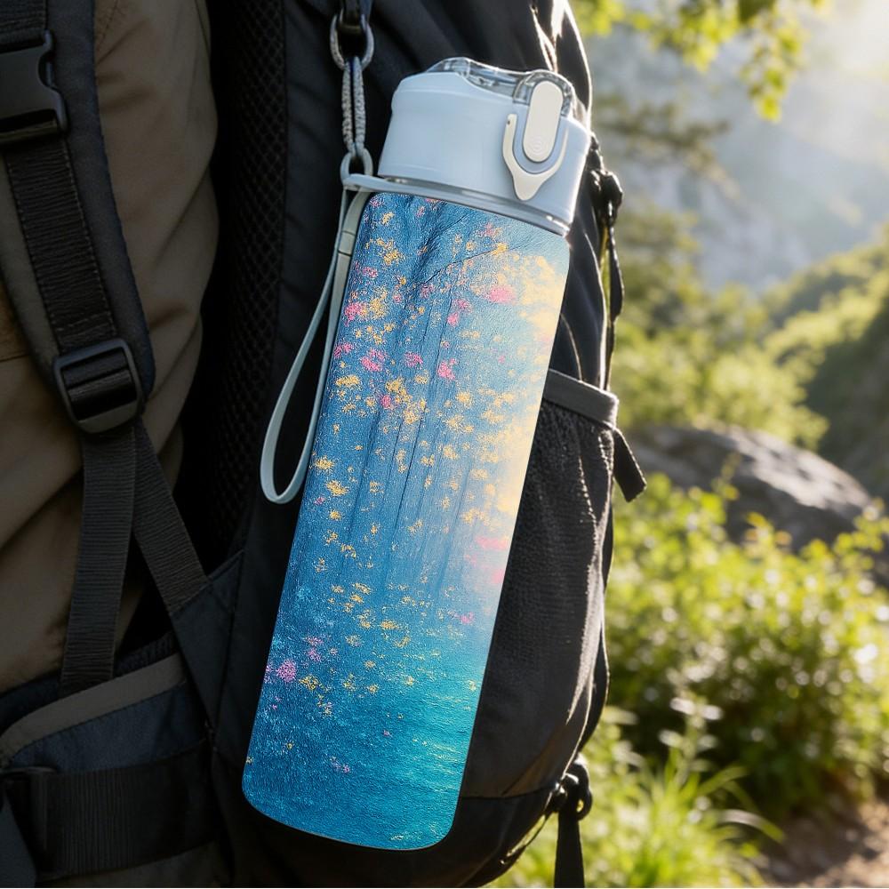 1PC Magical Misty Blue Forest Scenery Print 750ml Color Plastic Sports Water Bottle Leakproof Flip Straw Lid Suitable for Sports Office Home Use