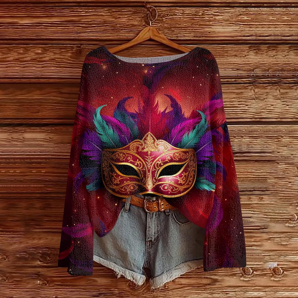 Women's Fashion Round Neck Long Sleeve Print Casual Pullover Sweater Top