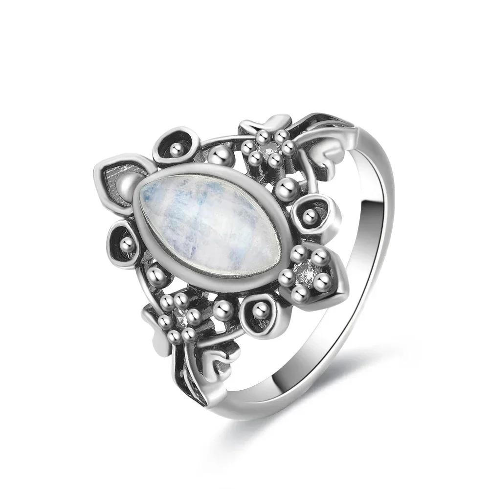 Vintage 925 Silver Ring Natural Moonstone Flower Ring 925 Hollow Eye Shape Round Sun And Moon Ring Fine Jewelry for Women Men