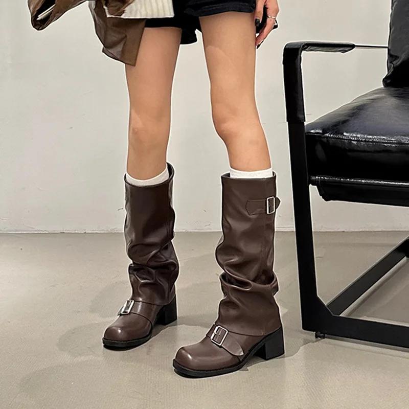 Winter Cowboy Boots For Women Fashion Slip On Long Boots Female Elegant Square Heel Women's Knight Bootties
