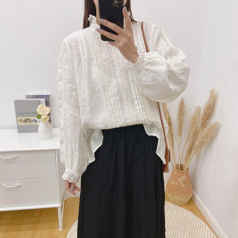 Vintage Linen Ruffle Collar Hollow Out Women Blouses Spring Autumn Loose Patchwork Lace Tie Women Shirts