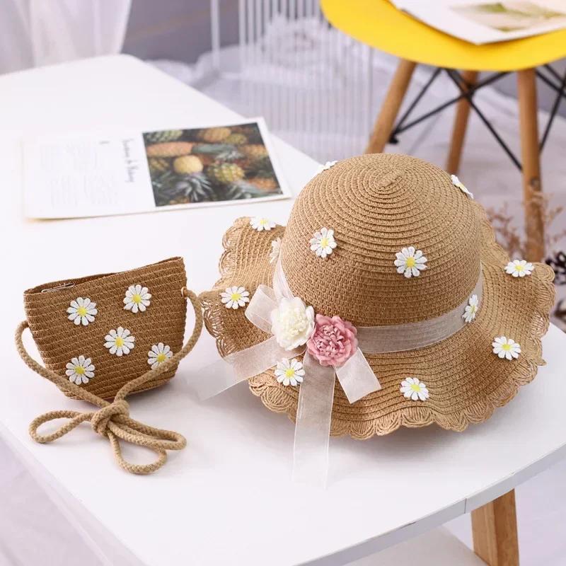 Girls' Straw Hat Bag Matching Travel Sun Hat Flower Children's Sun Hat Outdoor Fashion Fisherman Hat Sunscreen Hat Amagi