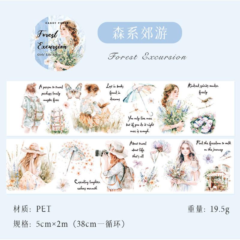 200cm/Rolle Wasserdichtes PET-Klebeband Literarisches Mädchen Alltagsszene Hand Zeltkarte Tasse Collage Material DIY Grußkartendekoration