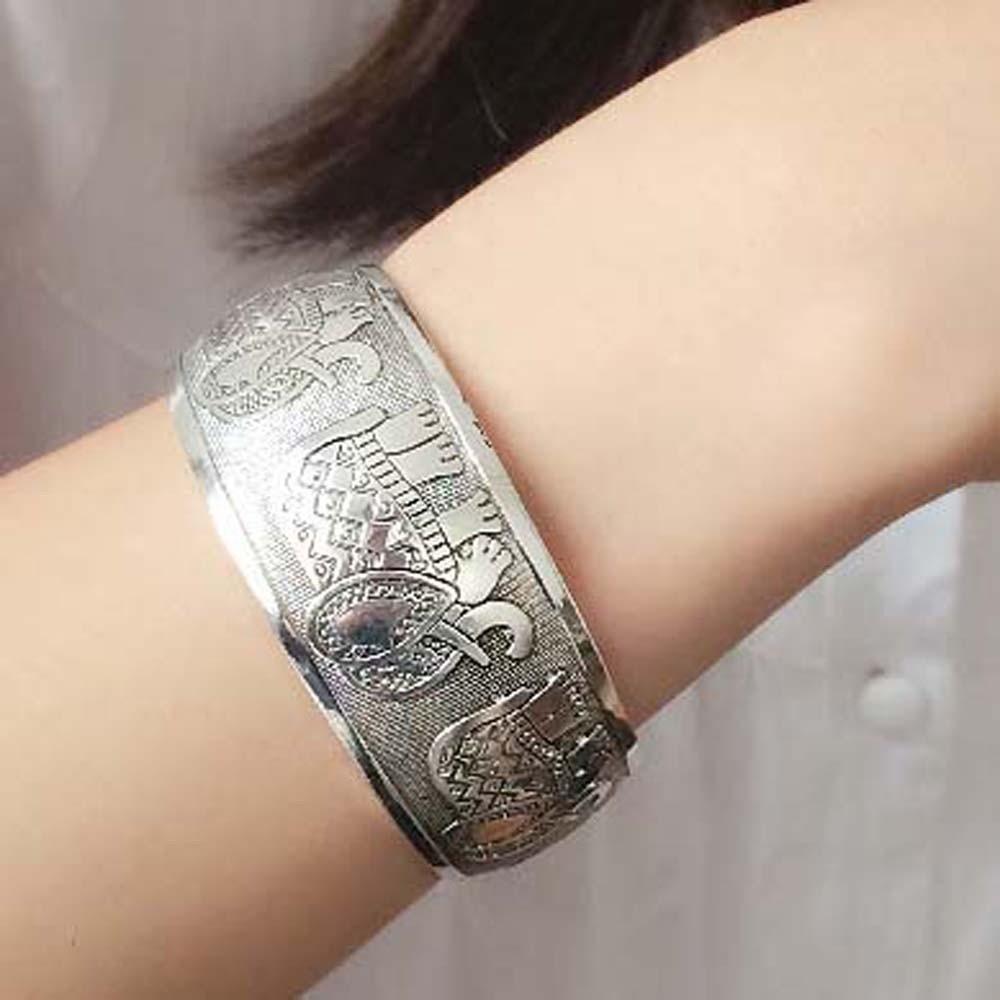 Lotus Silver Opening Bangle Vintage Thai Wrist Jewelry Handicraft Carved Wide Bracelet Versatile