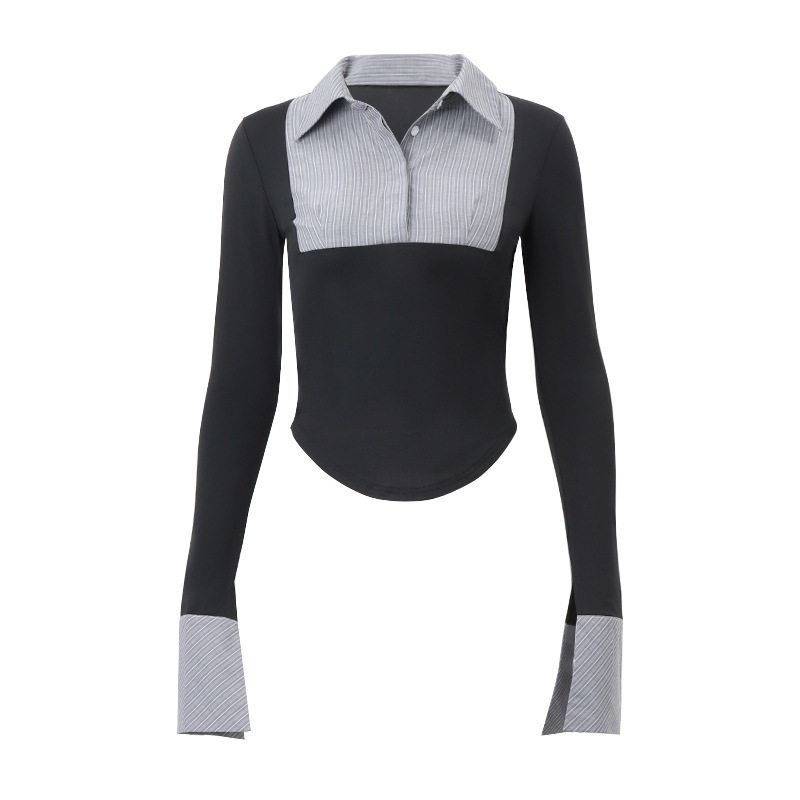

European and American Women s Clothing 2024 Autumn New Polo Collar Stylish Striped Color-Blocking Slim-Fit Versatile Long-Sleeve Top for Women Black S