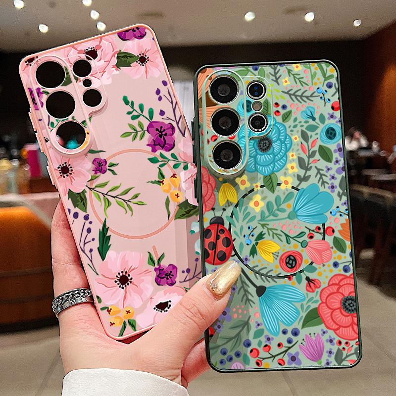 Etui z kwiatowym wzorem lawendy, piwonii i róży dla Samsung Galaxy S26 Ultra S25 Edge S24 Plus S23 FE S22 A17 A54 A55 A56 A57 5G Magnetyczne Pokrowiec dla Magsafe