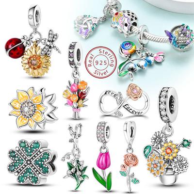 Original Copper Charm Beads Clover Sunflower Tulip Carnation Pendant For Women Jewelry Fashion Gift