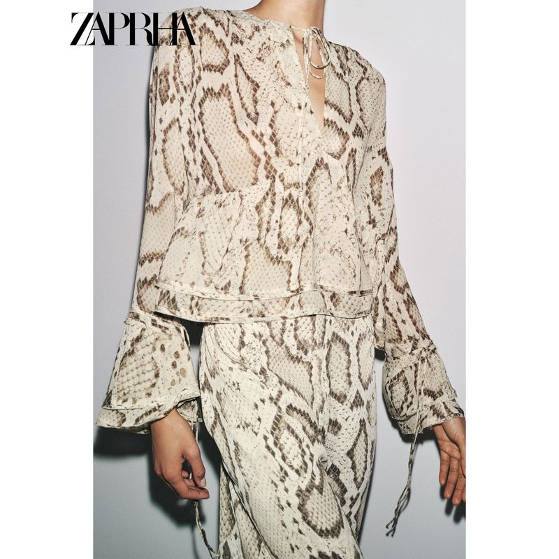 Zaprha 2025 Summer New Animal Pattern Print round Neck Long sleeve A Word Cuff Lace-up Shirts 3716826