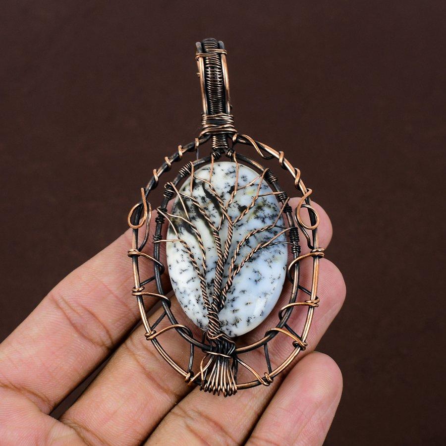 Natural Dendrite Opal Gemstone Handmade Copper Wire Wrap Pendant 3.55" T8o01