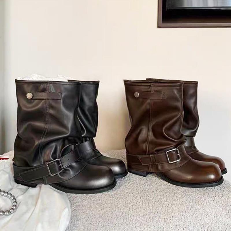 Spice Girls Pants Boots~ Inner Height Increasing Stylish Martin Boots Wasteland Wind Pleated Buckle Western Boots