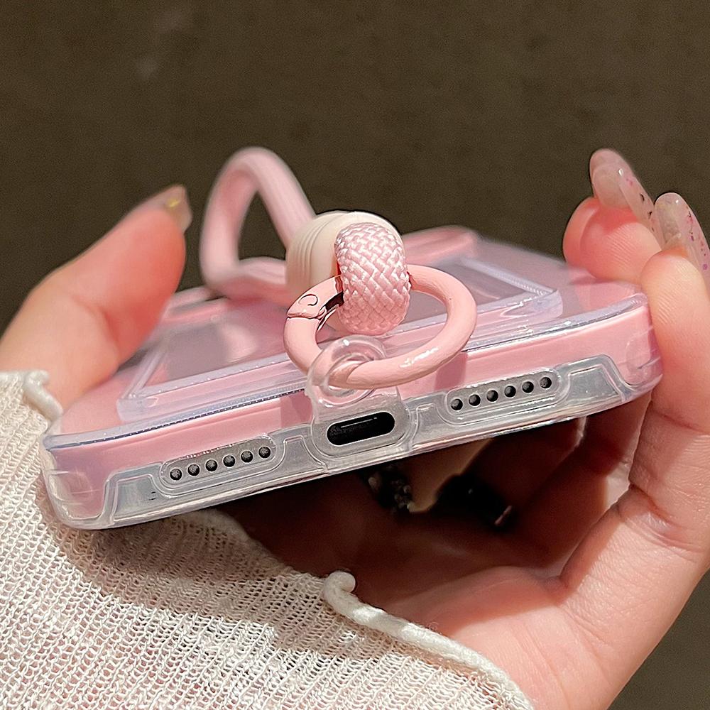 Candy Color Card Slot Bag Holder Phone Case For iPhone 17 16 15 14 13 12 11Pro Max Air Wrist Strap Shockproof Cover With Lanyard