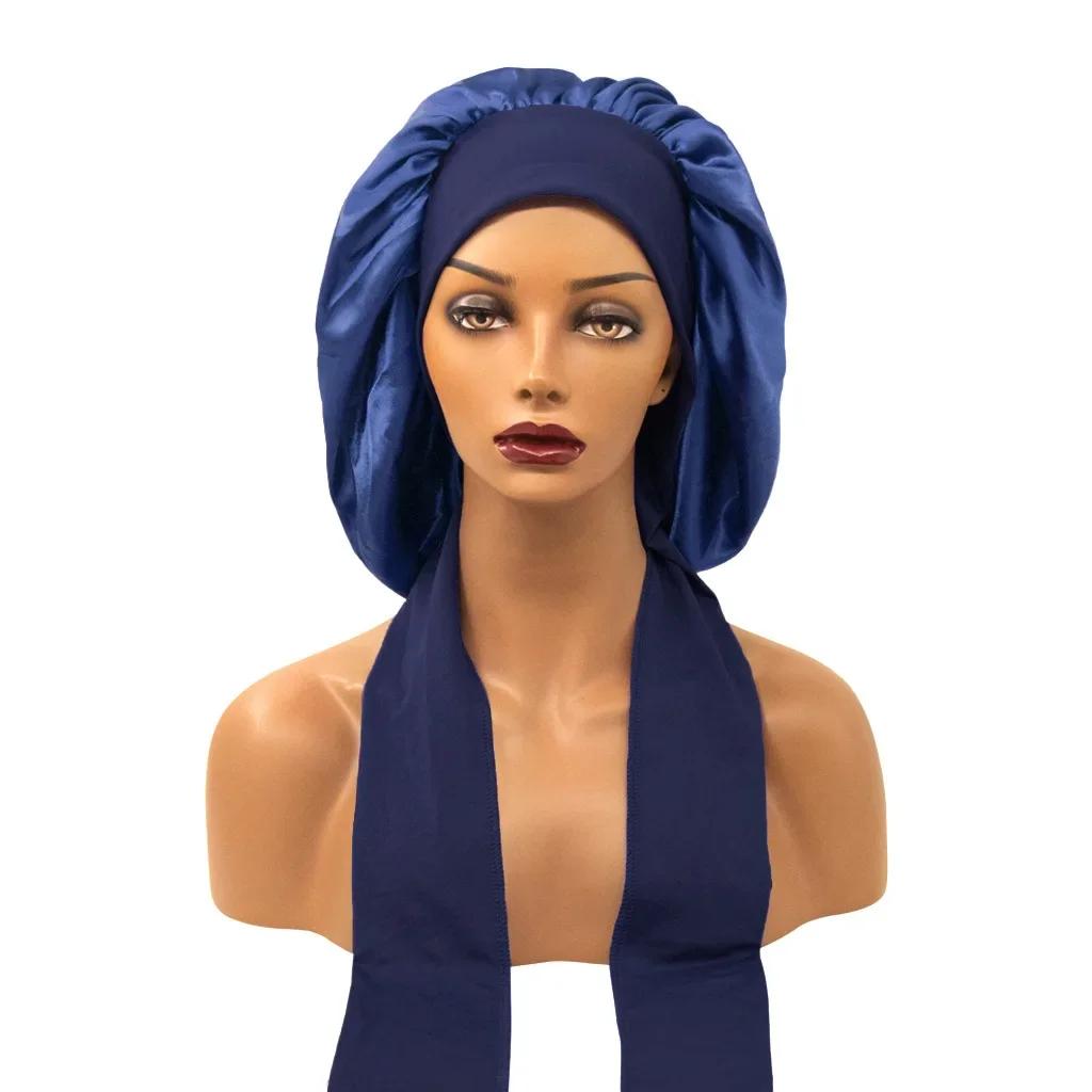 Women Satin Widened Sleep Hat Night Sleep Cap with Long Streamer Hair Care Bonnet Nightcap Shower Turban