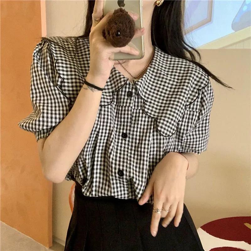 Temperament Doll Collar Plaid Shirt Design Top New Spring and Autumn Long-sleeved Korean Style Versatile Shirt