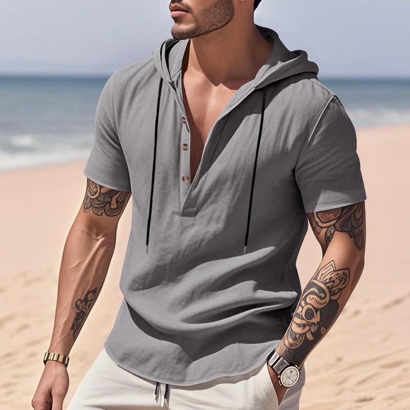 New Men's Casual Linen Hooded Henry Shirt Short-sleeved Shirt Men
