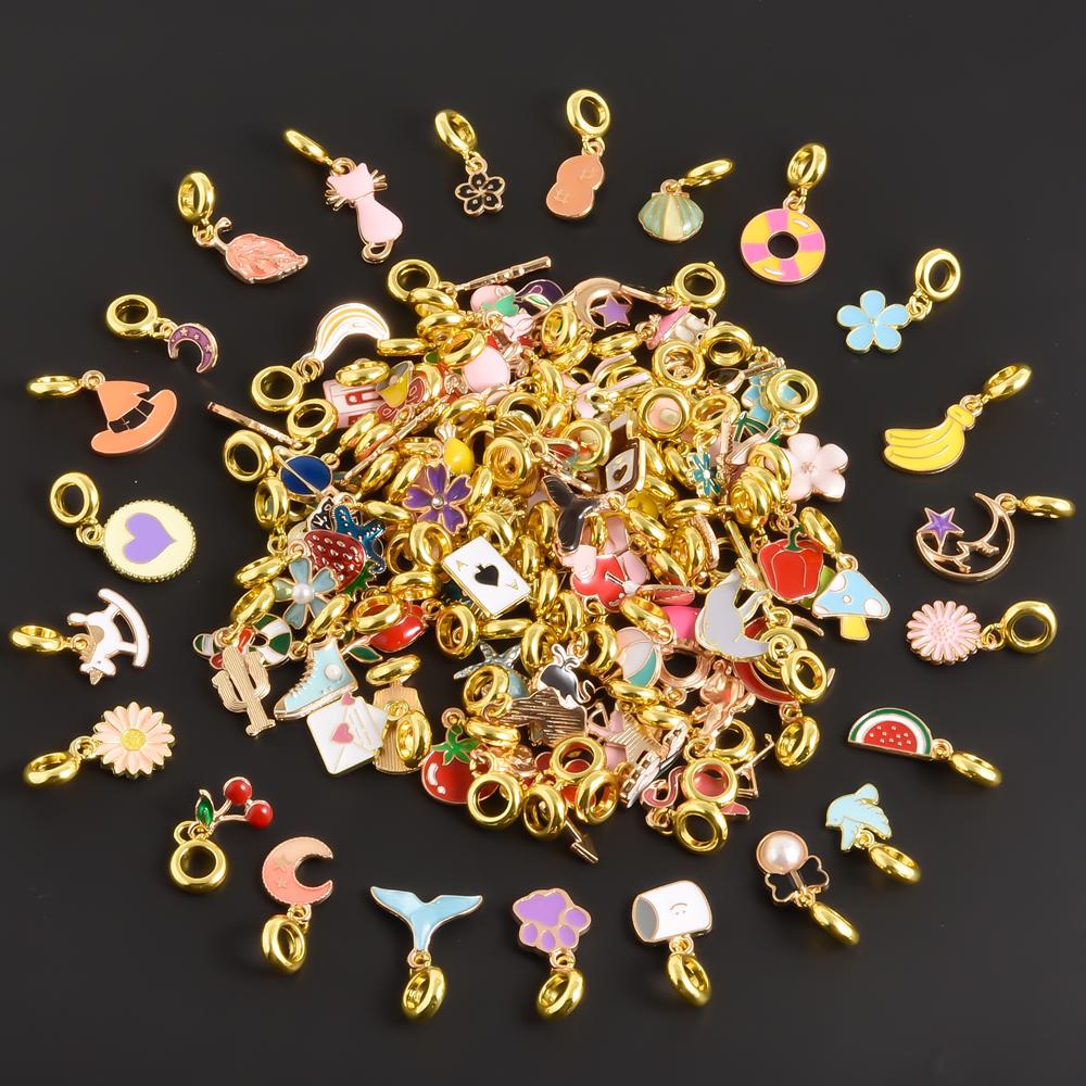 10/20/30/50pcs Cute Animal Flower Plant Charm With Hoop DIY Pendants For Jewelry Making Bracelets Anklets Enamel Charms Material