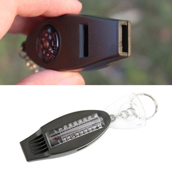 Notfallpfeife Kompass Lupe Thermometer Klarer Klang Schlüsselanhänger Design 4 in 1 Multifunktions-Wanderpfeife Outdoor-Zubehör