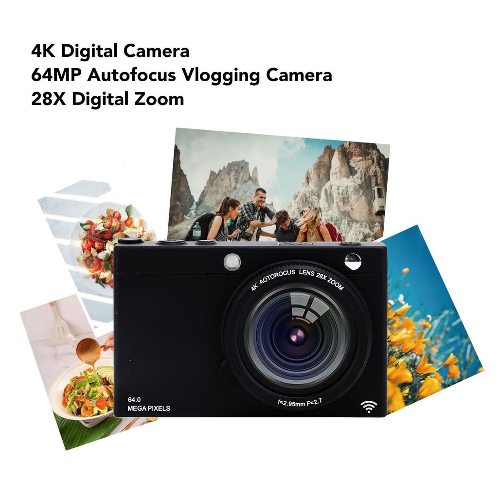 4K Digital Camera WiFi, 64MP, 28X Zoom, Beauty Mode, Retro Filter, Auto & Manual Focus, Tripod Interface, Built-in Flash, Music Player