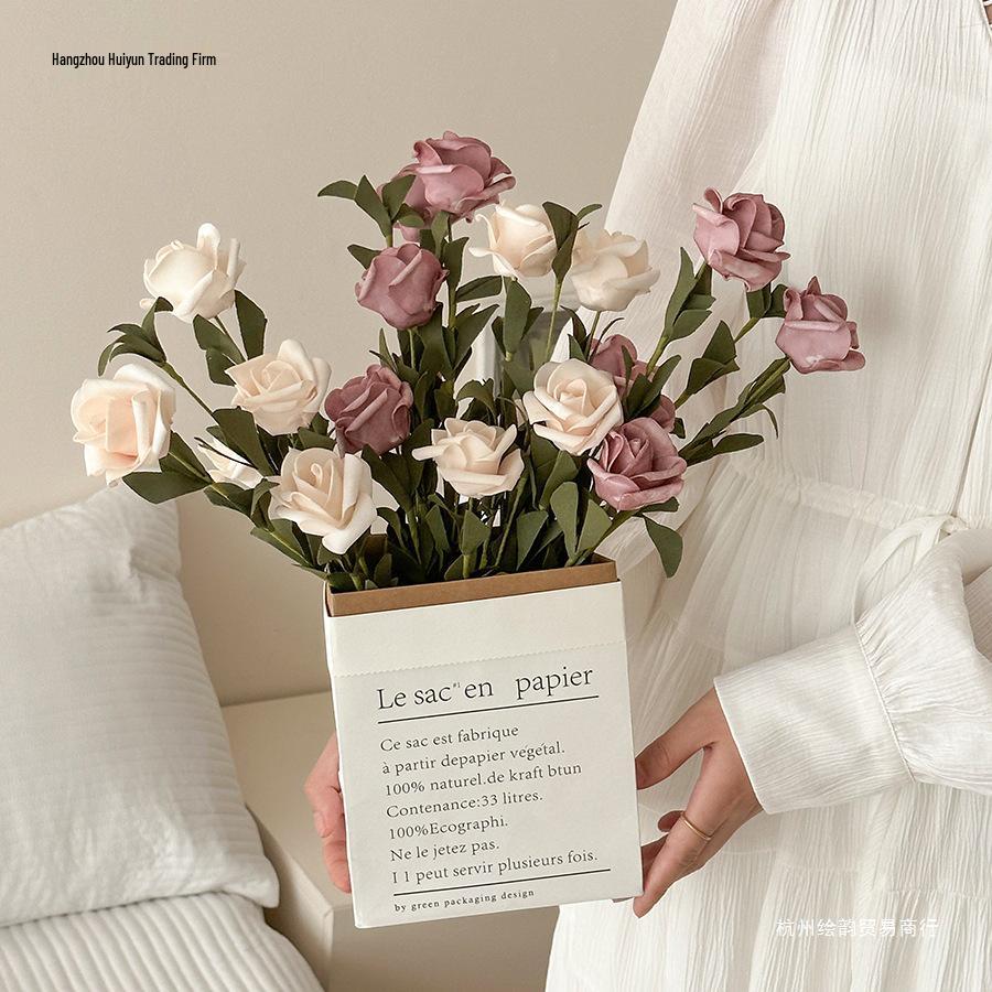 Windflower Hand Bouquet: Retro French Rose Dried Artificial Flowers In Paper Bag for Decoration & Photo Props