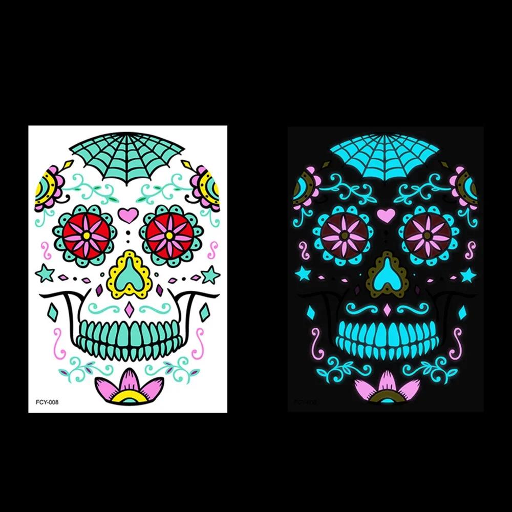 Face Beauty Tattoo Stickers Luminous Glowing In Dark Women Sexy Temporary Tattoos Day Of The Dead Skull Halloween Cosplay Decor