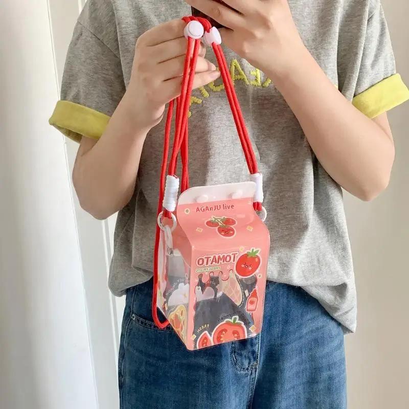 Transparent Milk Carton Toy Storage Bag - Cute Badge Display Case | Mini Doll Box with Lanyard, Fashion Outing Decor