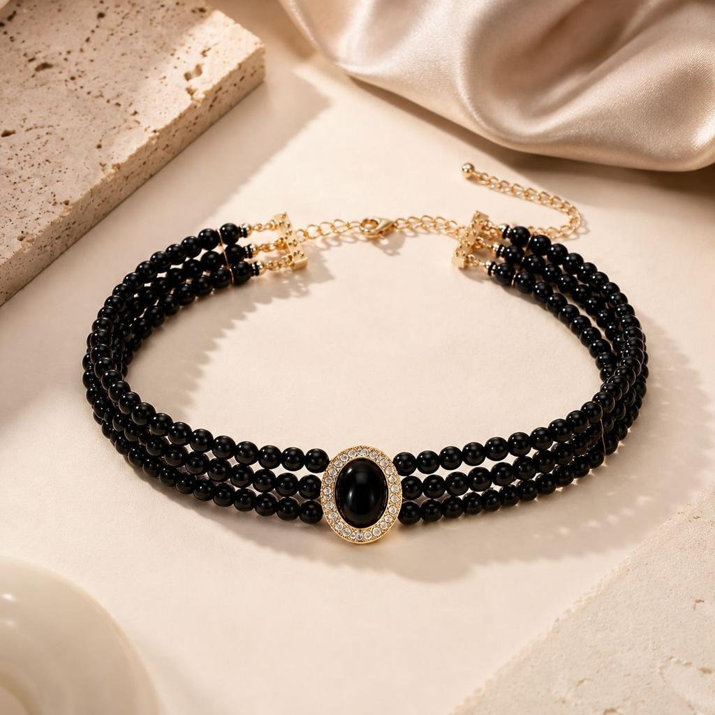 European and American black multi-layer pearl necklace retro court gothic collarbone chain women's banquet wedding season jewelry