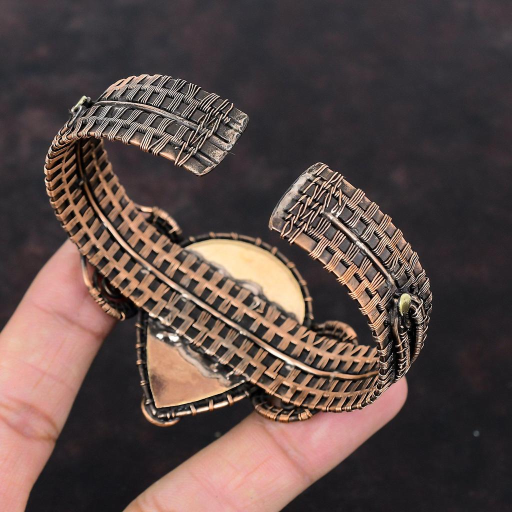 Green Carved Bone Face Cuff Bracelet Gemstone Bangle Copper Wire Wrapped Adjustable Cuff Bracelet Handmade Moonstone Bangle Copper Jewelry