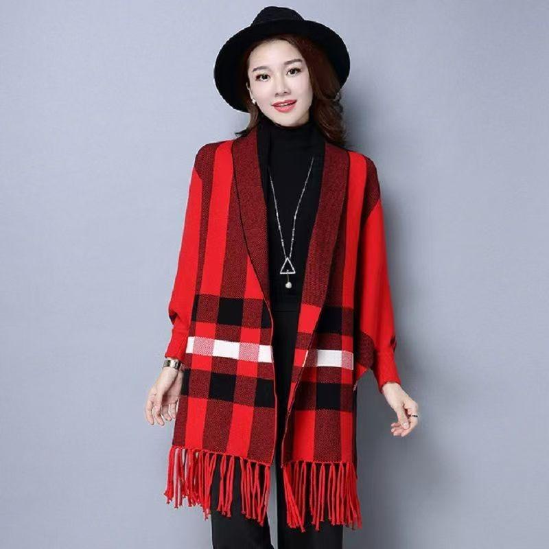 Dámský ležérní dámský svetr s dlouhým rukávem, dámská šála, oboustranná pelerína, kostkovaný pletený zateplený teplý kardigan
