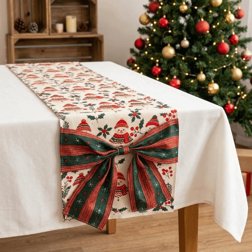 Kumaş Noel Masa Runner'ı Fiyonk Noel Masa Örtüsü Xmas Parti Dekorasyonu Noel Masa Bayrağı Festival