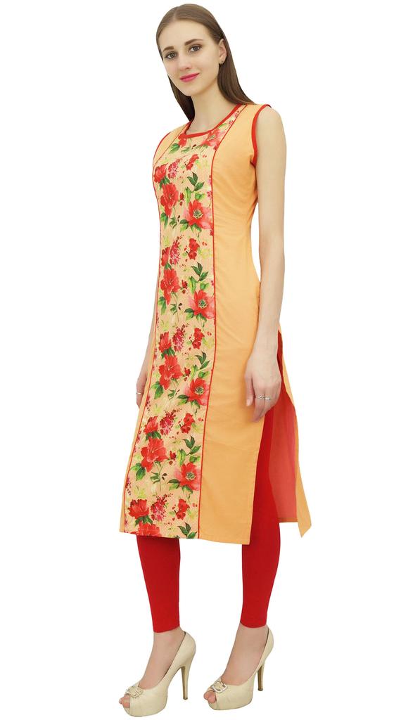 Bimba Indischer Damen Pfirsichfarbener Baumwoll Bedruckter Gerader Kurti Ethnisch Lässig