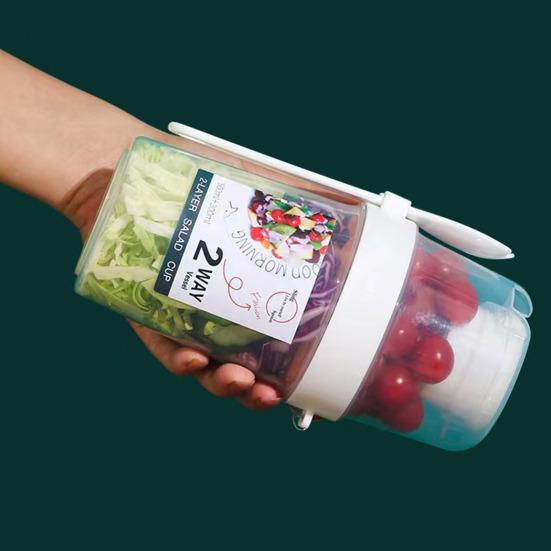Salad Box Transparent Portable Separated Two Compartments Breakfast Cup Oatmeal Cereal Nut Yogurt Container with Fork School Lunch Box Food Storage