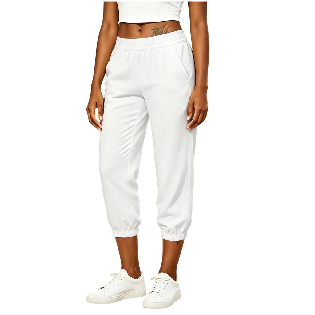 Women Loose Fit Drawstring Waist Casual Pants with Pockets Elastic Ankle Cuffs Cotton Linen for Everyday Wear
