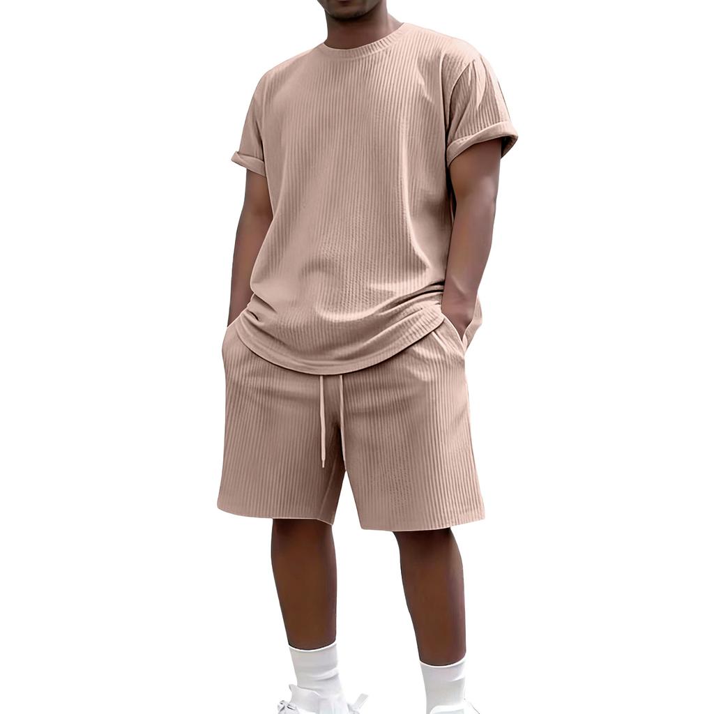 Men's Summer Casual 2-Piece Outfit Round Men's Neck Short Sleeve Tee Shorts Set