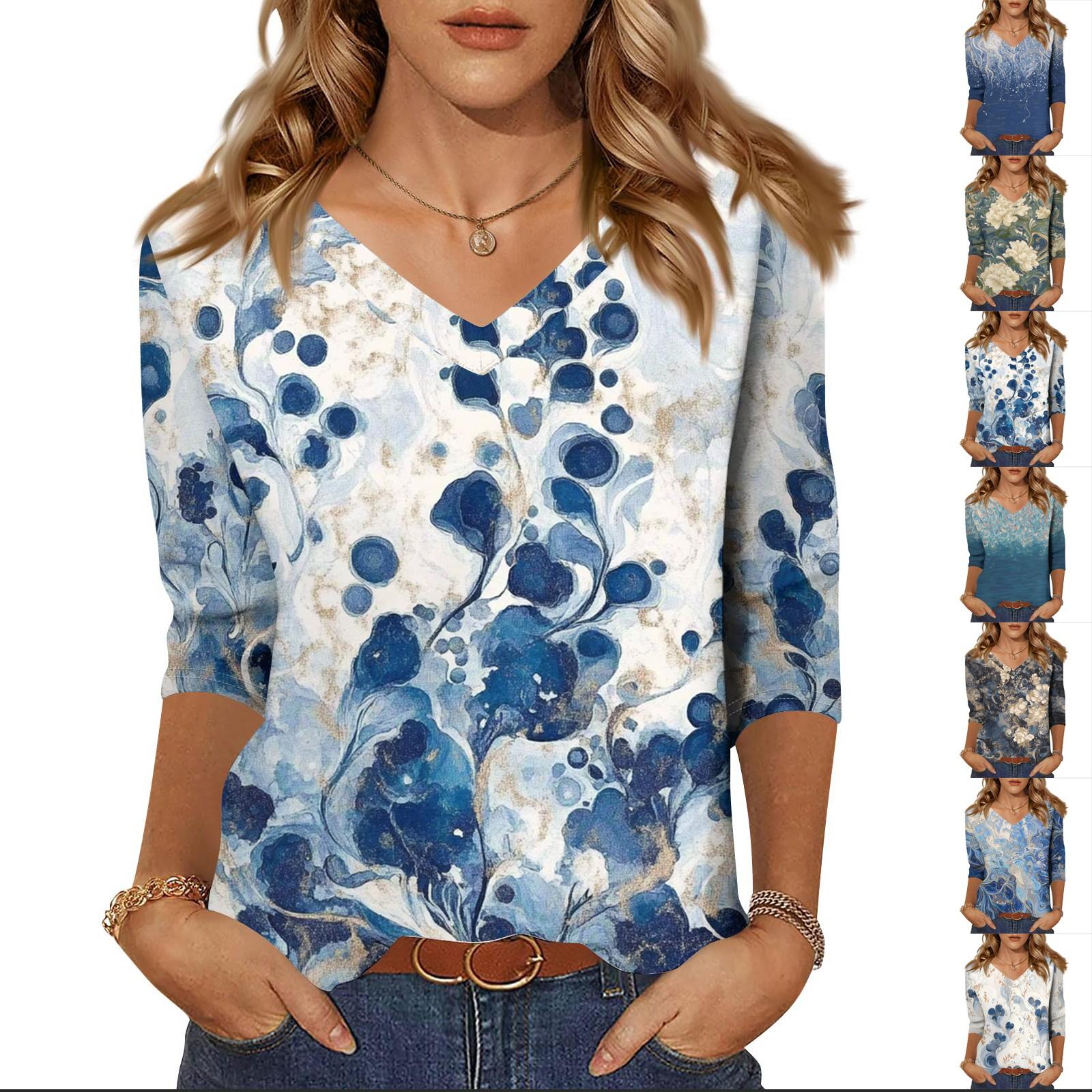 

Women s Tops Three-quarter Sleeve Shirt V-neck Loose Casual Shirt Print T-shirt XXXL