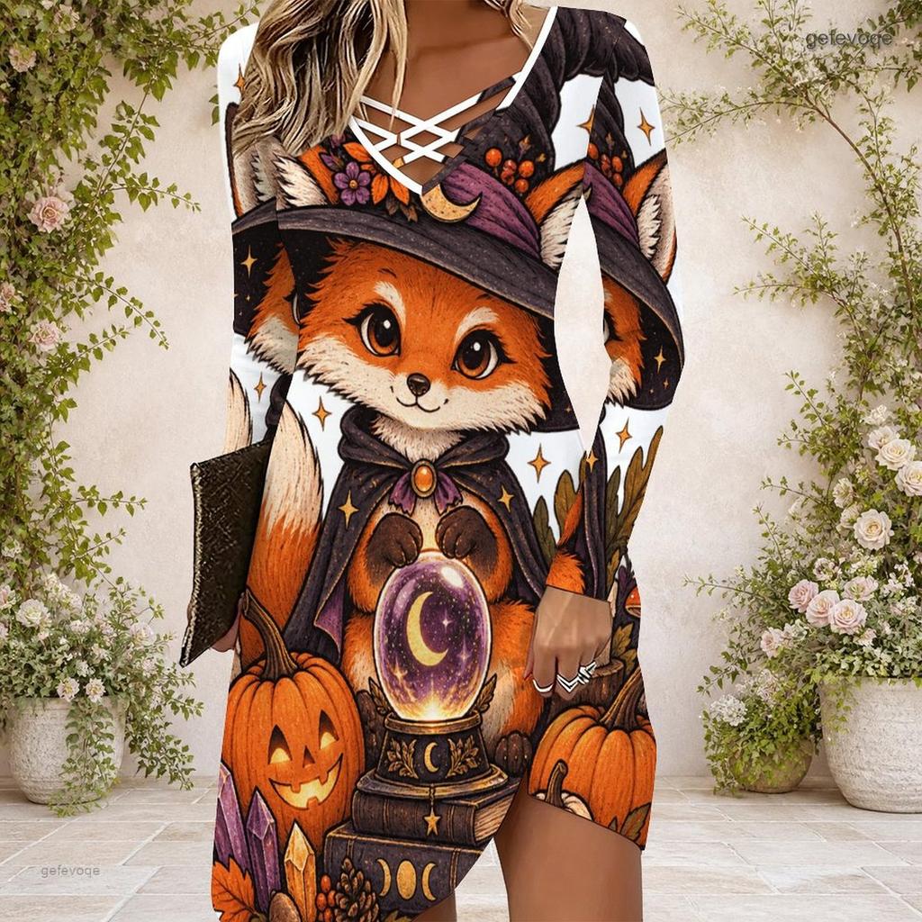 Women White Criss Cross V Neck Long Sleeve Curved Hem Printed Dress Cute Panda Ghost Halloween Pattern