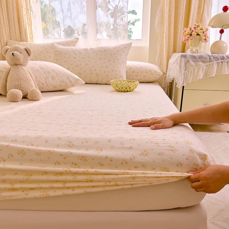 Cotton double-layer yarn printed fitted sheet three-piece set of small floral household bedroom mattress protective cover