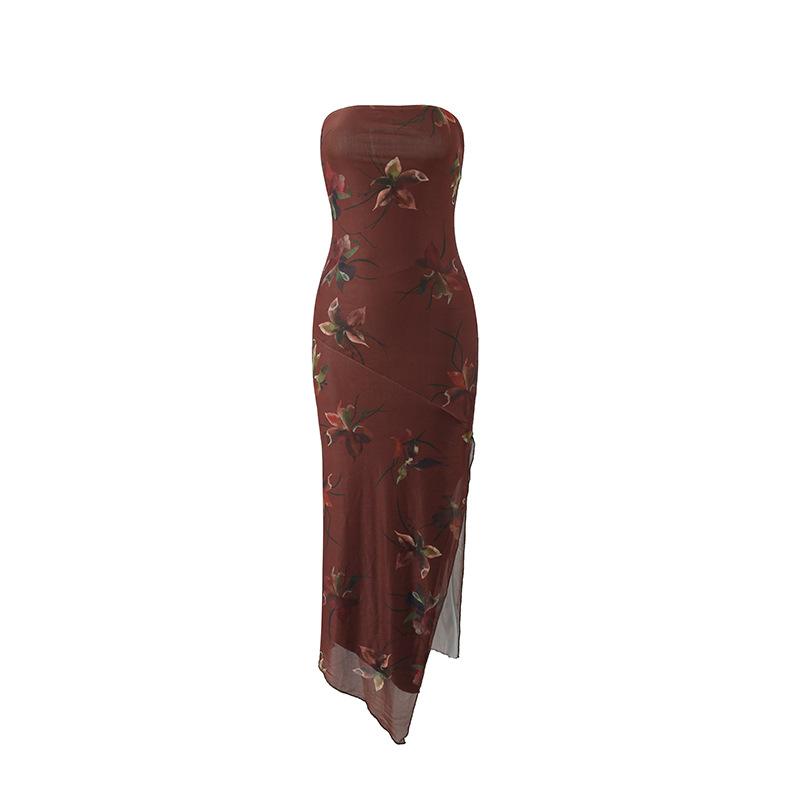 

Summer Women S Vacation-Style Slim-Fit Vintage Print Sexy Strapless Split Double-Layer Dress L коричневий