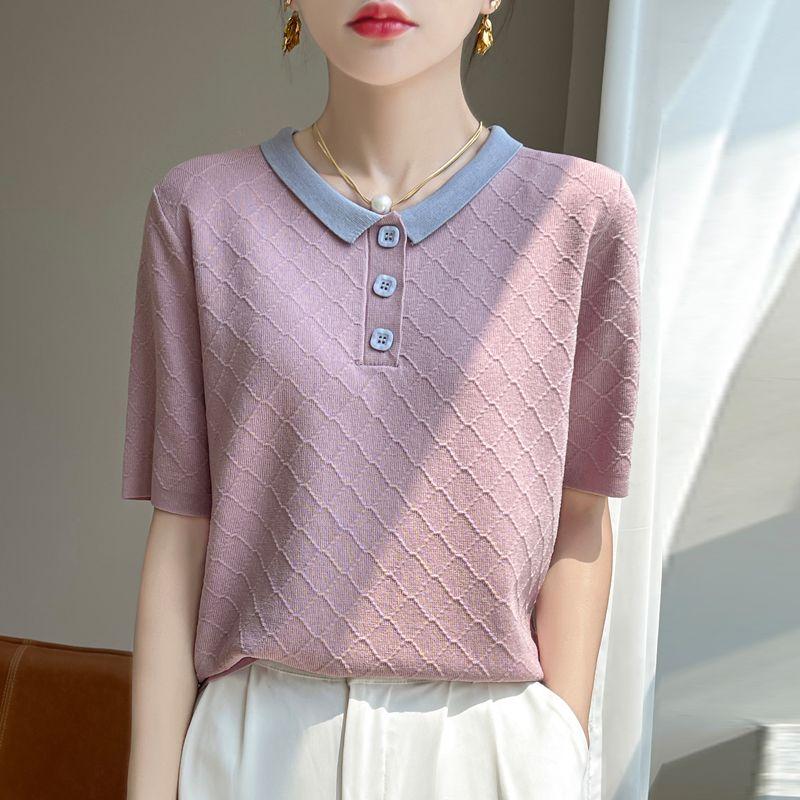 Summer New Women's Knit Ice Silk T-shirt POLO Collar Short Sleeved Contrasting Color Versatile Top for Women