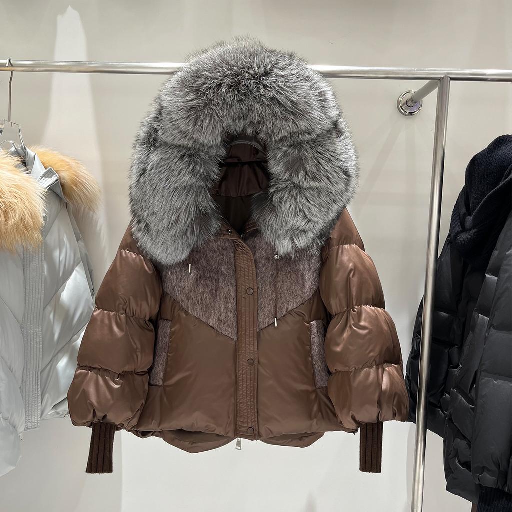 New Fox Fur Collar Hooded Down Jacket Women's Short Thickened Warm Fashionable Loose Woolen Splicing Jacket