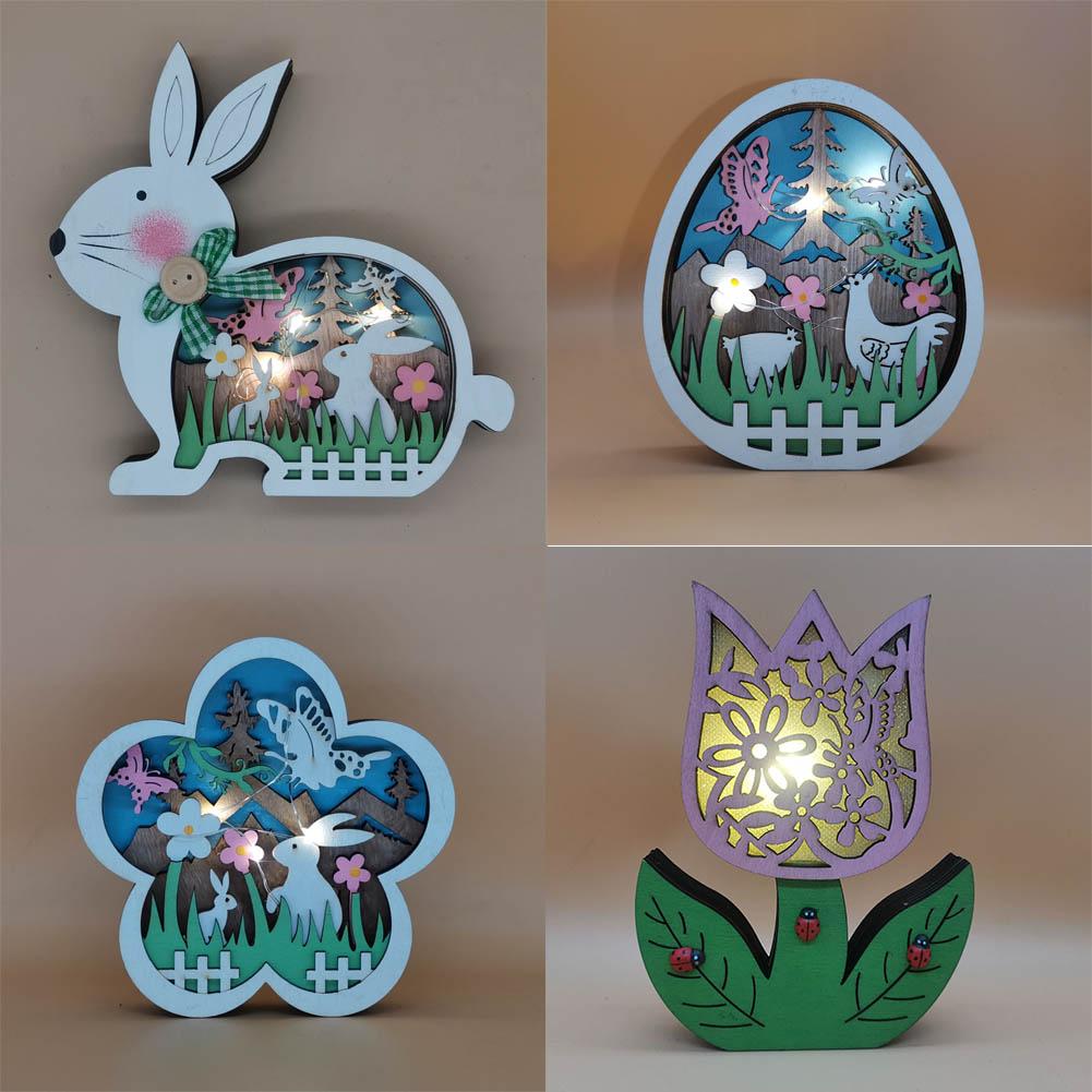 2022 New Easter Decoration for Home Wooden Easter Bunny LED Light Easter Craft Easter Bunny Ornament Decor Easter Egg Decor Lamp