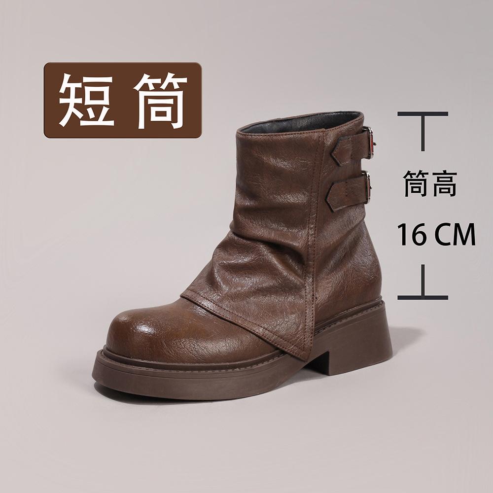 

Брюки полусапоги 2025 новые с круглым носком на толстой подошве ботинки Мартин ретро тонкие плиссированные эластичные короткие ботинки на одной педали 41