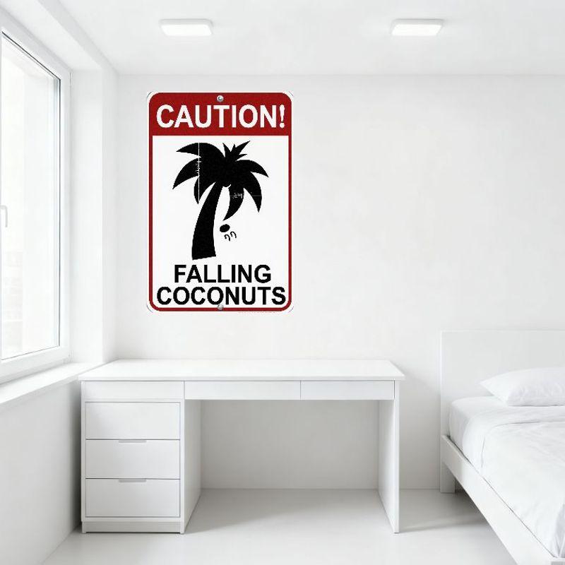 Vorsicht Herabfallende Kokosnüsse Palme Roter Rand Weißer Hintergrund Metallblechschild Vintage Warnschild für Heimbar Man Cave Dekoration