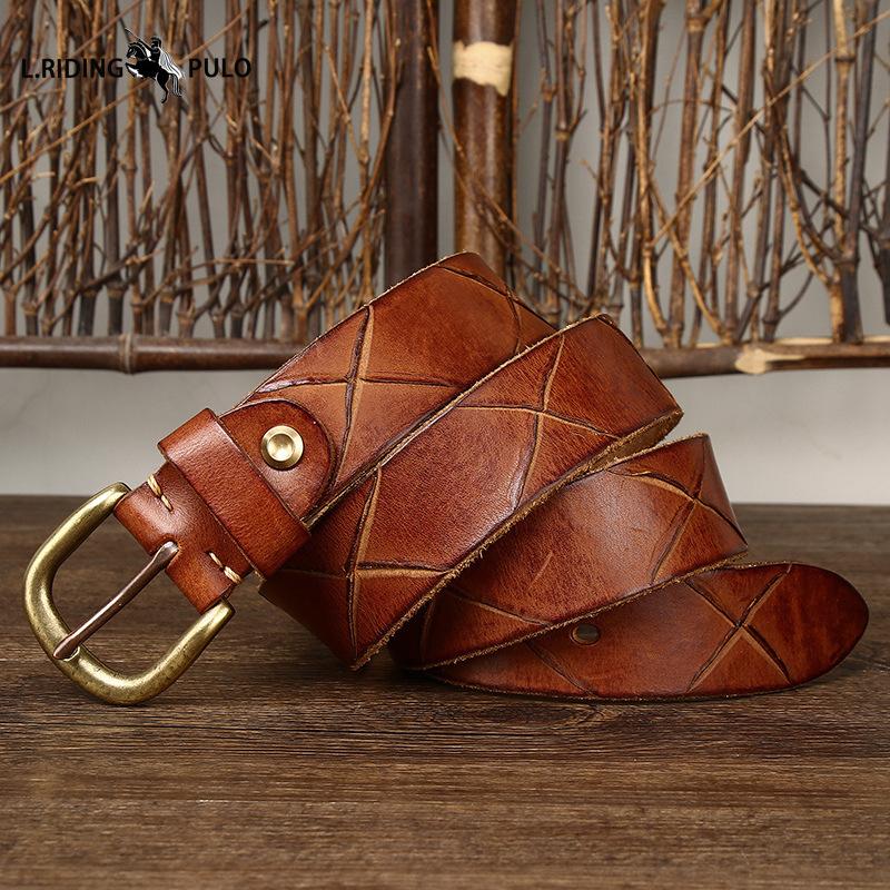 Cintura da Uomo in Pelle con Motivi Dipinti a Mano, Fibbia ad Ardiglione in Vera Pelle, Elegante Cintura Coreana in Pelle di Mucca