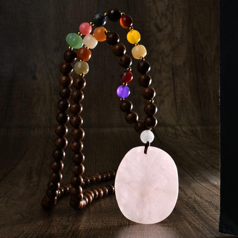 GemChic Women's New Vintage Wooden Beads Pink Natural Stone Pendant Long Necklace Ethnic Fashion Birthday Christmas Jewelry Gift