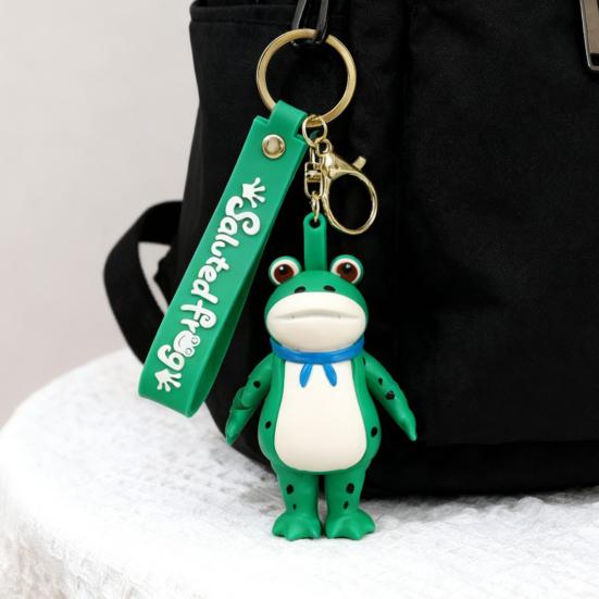 Frog Keychain Saluting Button Link Hands Realistic Texture Blue Scarf Frog Key Chain Mini Portable Lobster Clasp Backpack Pendant